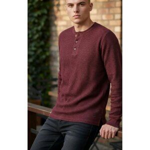 American Eagle Men's Thick Waffle Knit Henley Shirt L Tall Burgundy Grunge Y2K